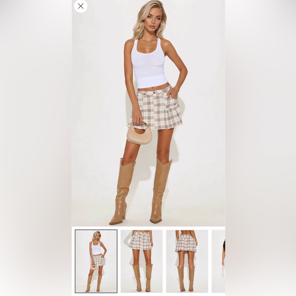 Fashion Nova Cream and Brown Plaid Gauze Mini Skirt